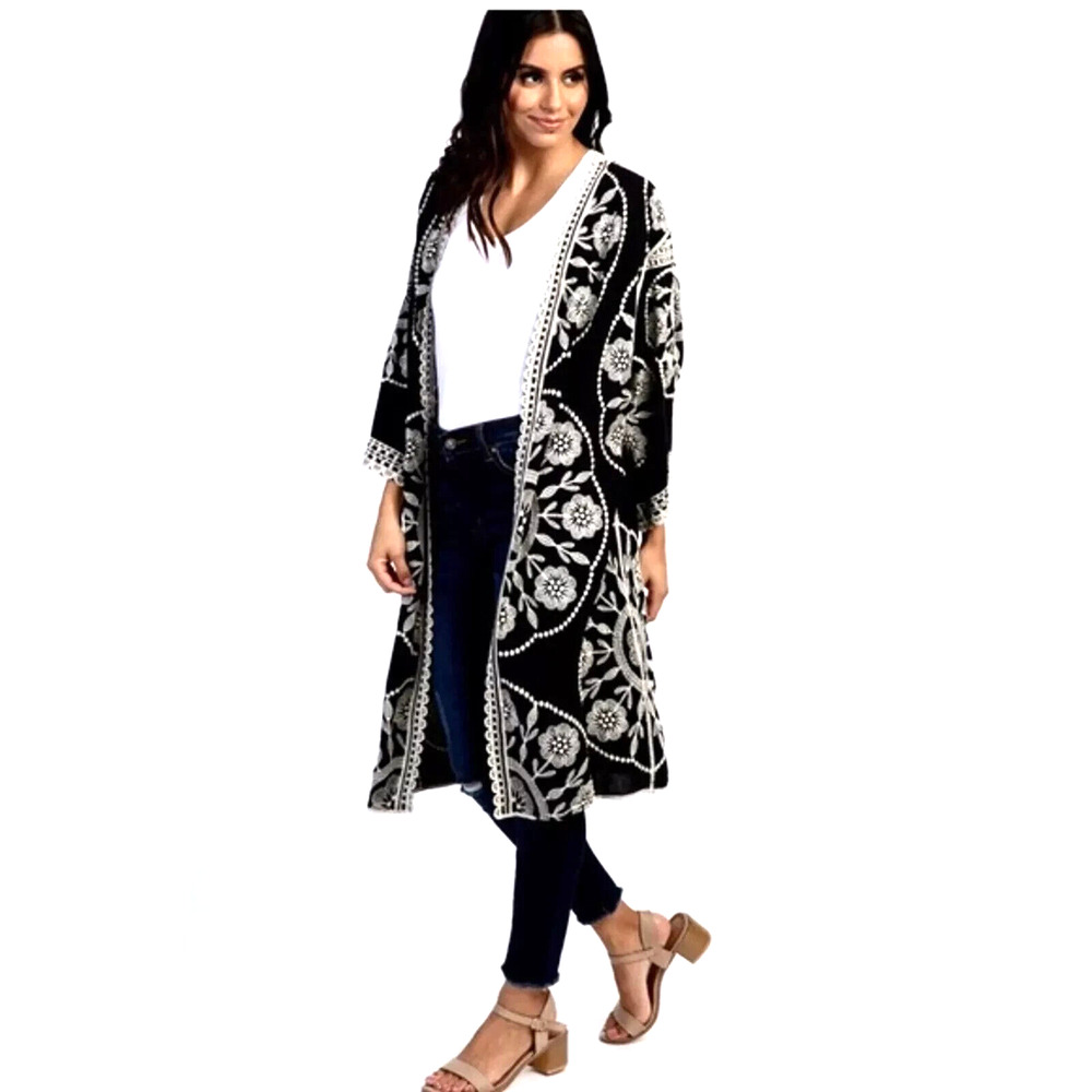 Peach Love California Black Embroidered Cover Up Kimono Sz S/M Hippy Whimsigoth